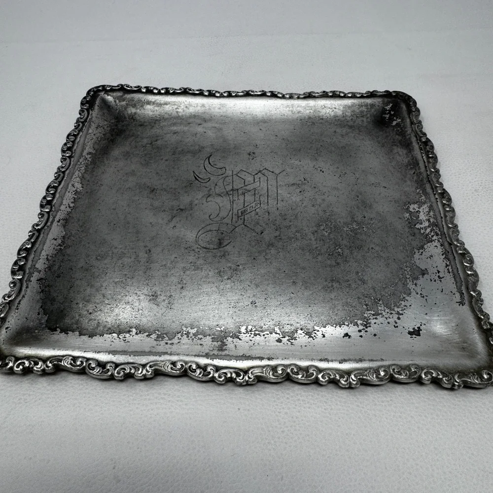 Antique 1892 Monogram Vanity Dresser Tray Ornate Victorian 8x9 Scroll Unmarked